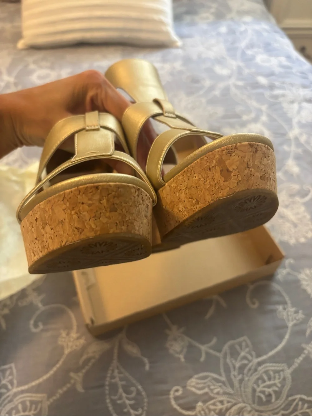 UGG Metallic Gold T-Strap Block Heel Sandals